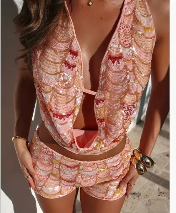 Casual Slim Fit Mermaid Sequined Backless Sexy Overall Dress Set