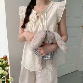 韩国ins女士夏季新品韩系重工刺绣花边家居服睡衣套装舒适批发女
