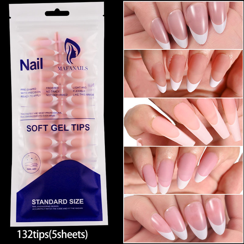 120 Pieces Bagged Mid-Length Frosted Water Drop Almond French White Edge Nude Pink Wearable Manicure Nail Pieces