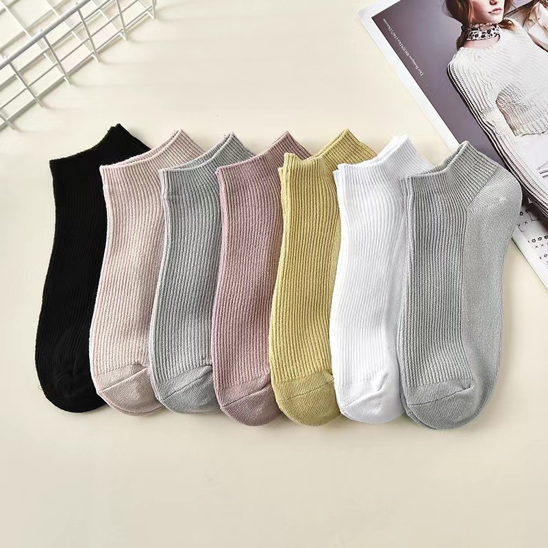 White Socks Women's Short Socks Solid Color Double Needle Slim Cotton Socks Low-top Shallow Mouth Spring and Summer New Candy Color Black and White Women's Boat Socks