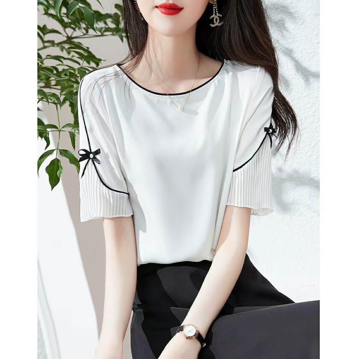 Summer elegant professional shirt with bow with a round collar