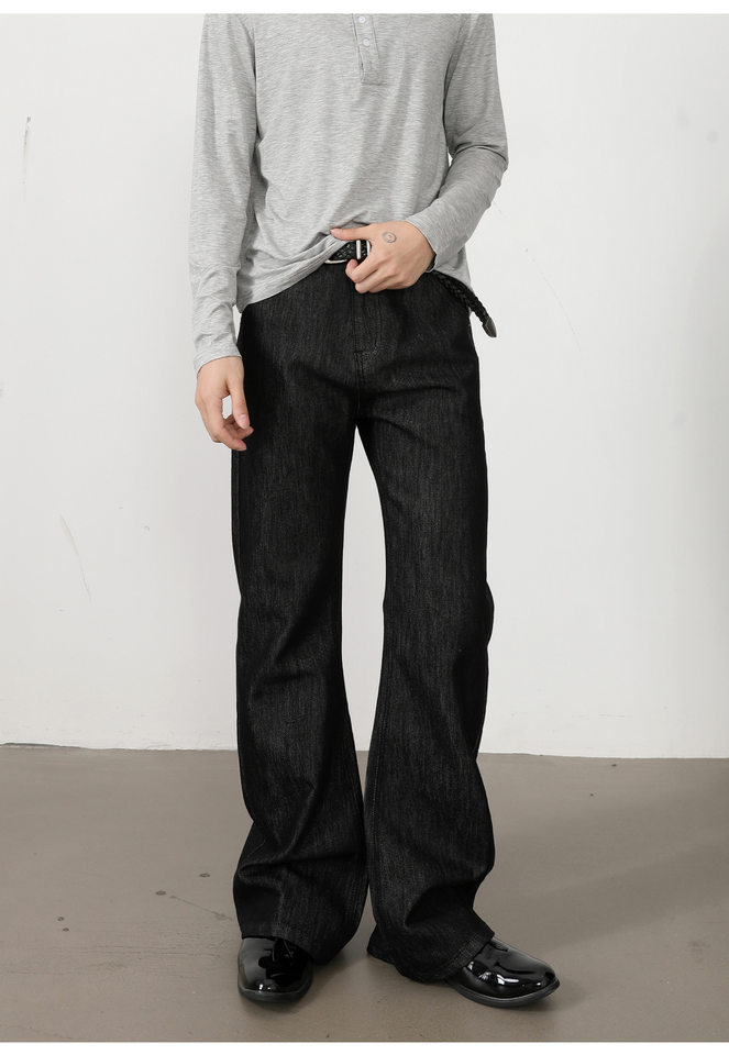 Quần jeans nam denim thô ống loe nhẹ dáng rộng có thêu — Denim đen chi tiết 14