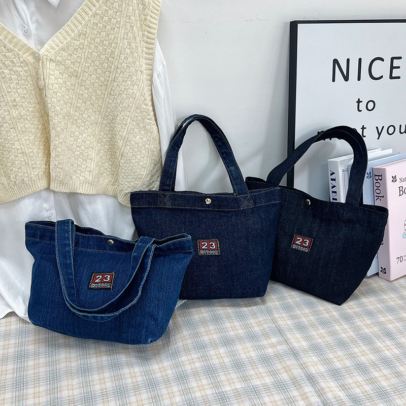 大容量刺绣单肩包学生上课通勤百搭手提包复古牛仔帆布包ins夏季