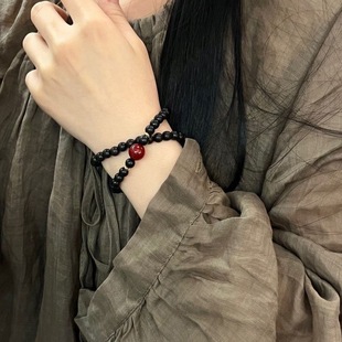 Ebony with Cinnabar Bracelet for Men and Women, Sandalwood Round Beads, Wooden Buddhist Beads Bracelet, 6mm Double Circle Couple
