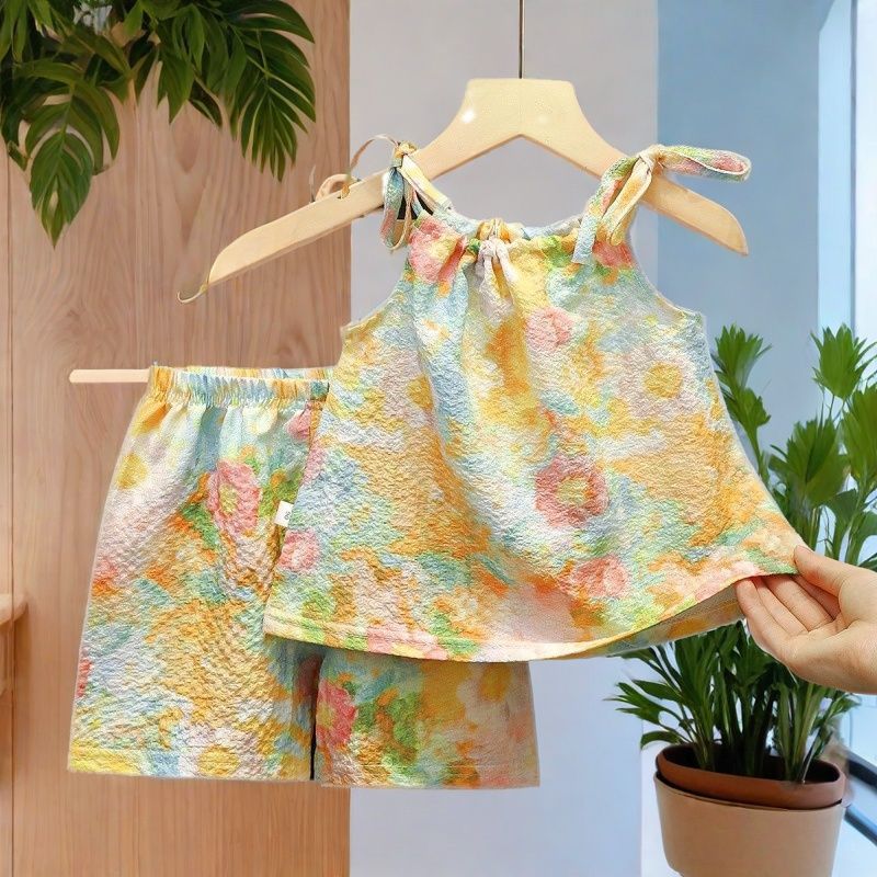 Summer New Korean Style Floral Suspender Suit Shorts Two-Piece Set Western Style Summer Dress Girls Children's Clothing Spring Girls Delivery