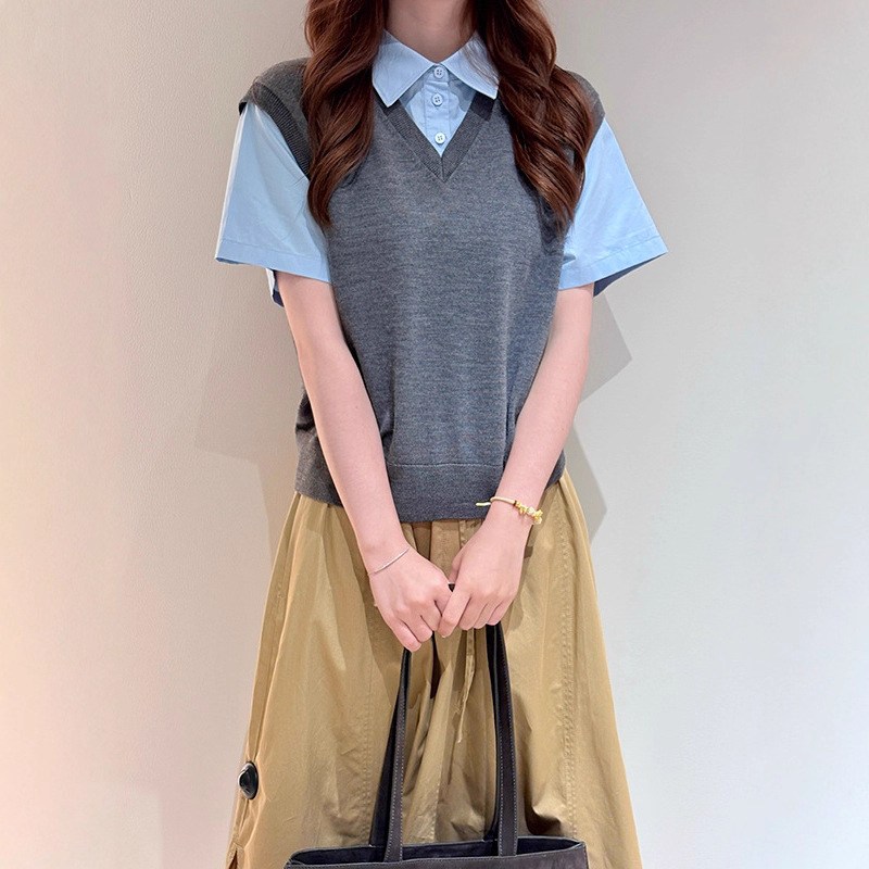 2025 Autumn Women's Knitted Short-Sleeved Top Standard Fit Fake Two-Piece Wool Blended Shirt Knitted Vest