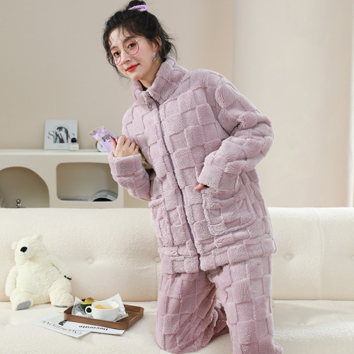 Women's and Men's Autumn/Winter Flannel-Plus-Thickness Stand-Neck Hooded Zip-Up Coral Fleece Pajama Set for Outwear