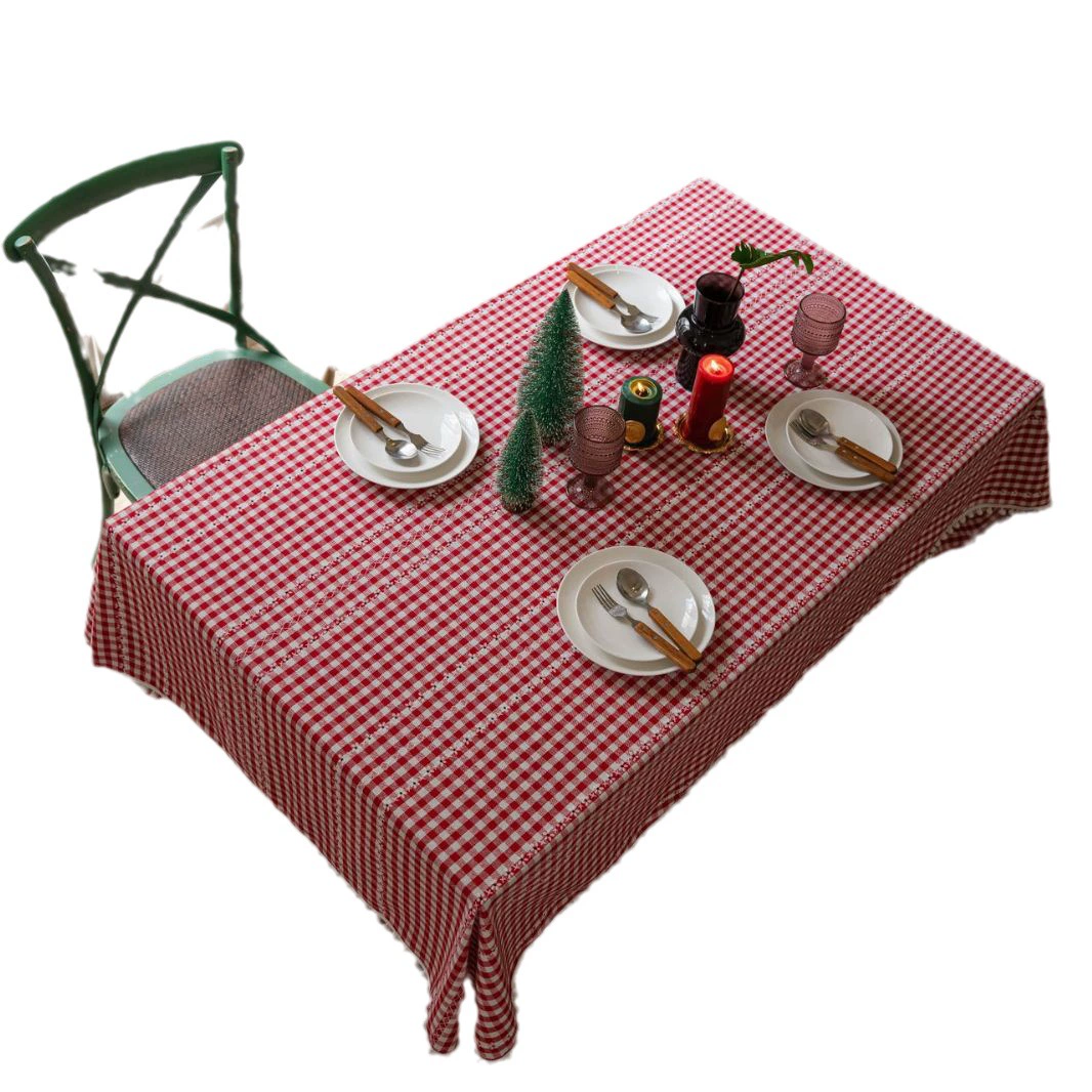 Rectangular tablecloth, cotton‑linen, dustproof red checkered decorative table mat, multiple sizes