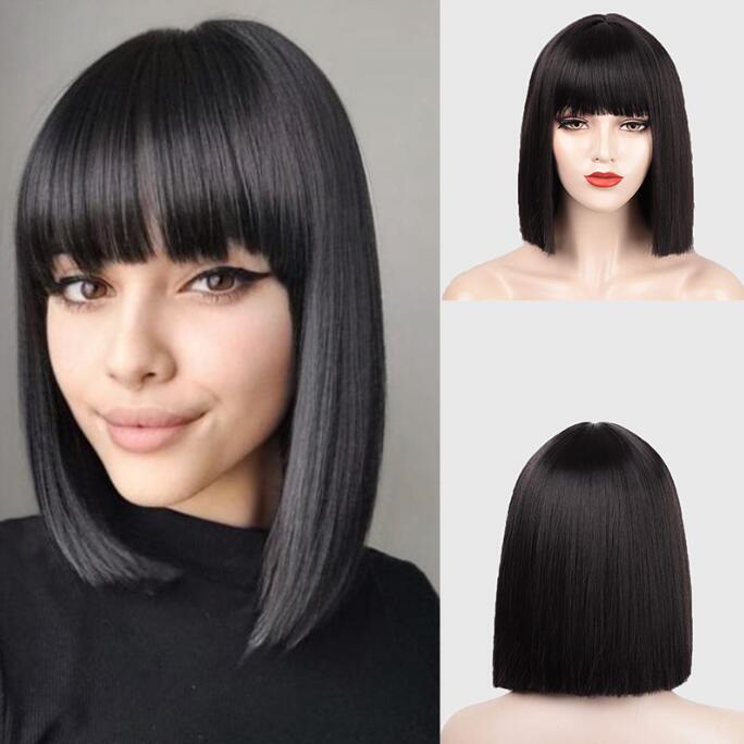 One-size-fits-all Princess cut bangs wig short straight hair Bobo head wig women's short hair full head cover European and American rose net One-size-fits-all Princess cut bangs wig short straight hair Bobo head wig women's short hair full head cover European and American rose net