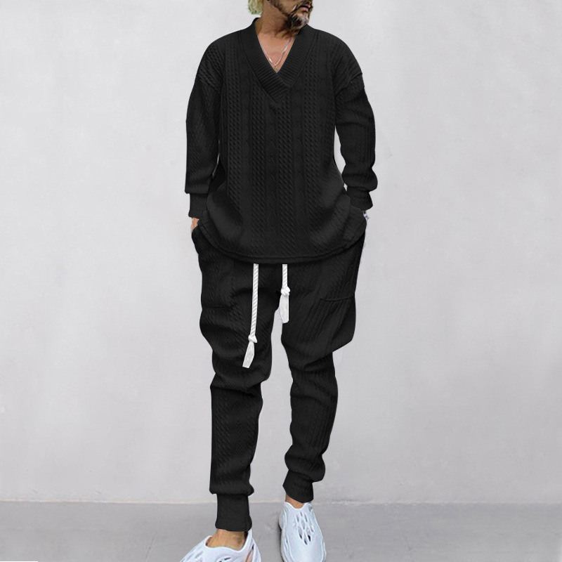 Set autunnale uomo maglieria jacquard con pantaloni collo a v_voghion.com
