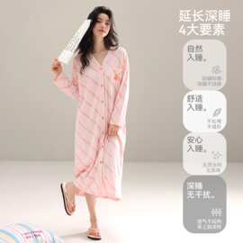 春秋新款紧赛纯棉女长袖开衫V领睡裙时尚休闲长裙女家居服图片色