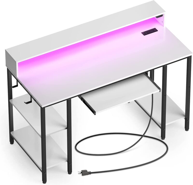 Computer desk 47 inch desk with LED light and power socket with storage rack with keyboard tray