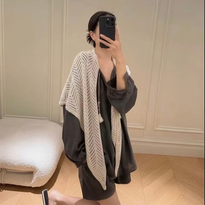极简慵懒氛围百搭针织亚麻镂空三角披肩夏季薄款冰丝外搭空调坎肩|undefined