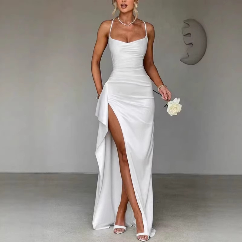 Amazon 2026 European and American Summer New Elegant and Fashionable Solid Color Long Dress with Shoulder Straps and Slit for Women Amazon 2026 European and American Summer New Elegant and Fashionable Solid Color Long Dress with Shoulder Straps and Slit for Women