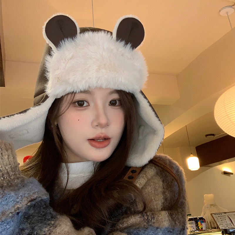 Japón lindos osos gorro de orejas gorro de invierno mujer calentamiento grueso gorro de rayo de vello para montar gorra de algodón de esquí a prueba de viento