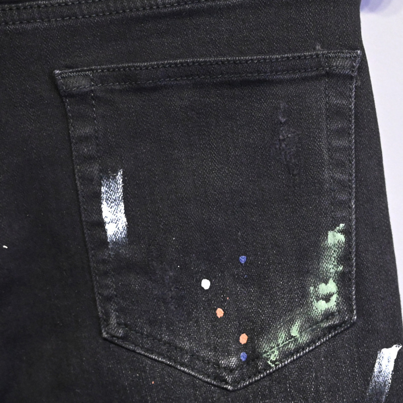 Men's Clothing Men's Street Style Ripped Jeans Distressed Black Gray Washed Paint Print Slim Fit Skinny Jeans_mkmklike.com