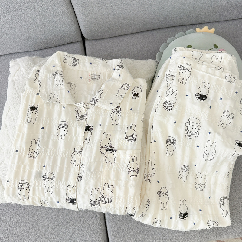 Cartoon Miffy Rabbit Clouds Pure Cotton Gauze Pajamas for Women, Long Sleeve, Loose Fit, Suitable for Autumn, Spring, and Summer, Can Be Worn as Outerwear, Student Style, Home Wear Cartoon Miffy Rabbit Clouds Pure Cotton Gauze Pajamas for Women, Long Sleeve, Loose Fit, Suitable for Autumn, Spring, and Summer, Can Be Worn as Outerwear, Student Style, Home Wear