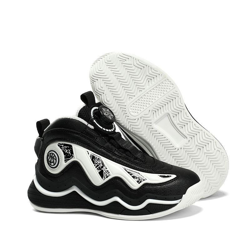 Zapatillas de baloncesto altas para niños, zapatos para niños con botones giratorios para niños, zapatillas de deporte antideslizantes para niños de mediana edad, estilo de cuero de otoño