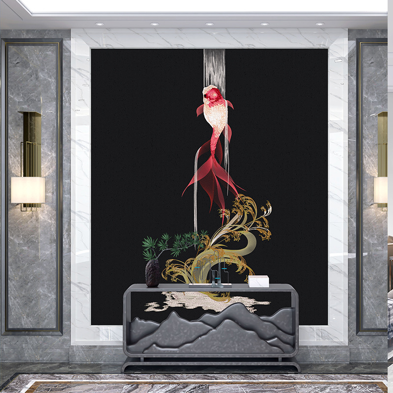 刺绣独绣无缝墙布客厅过道玄关背景墙鱼跃龙门新中式高档壁布壁画|ms