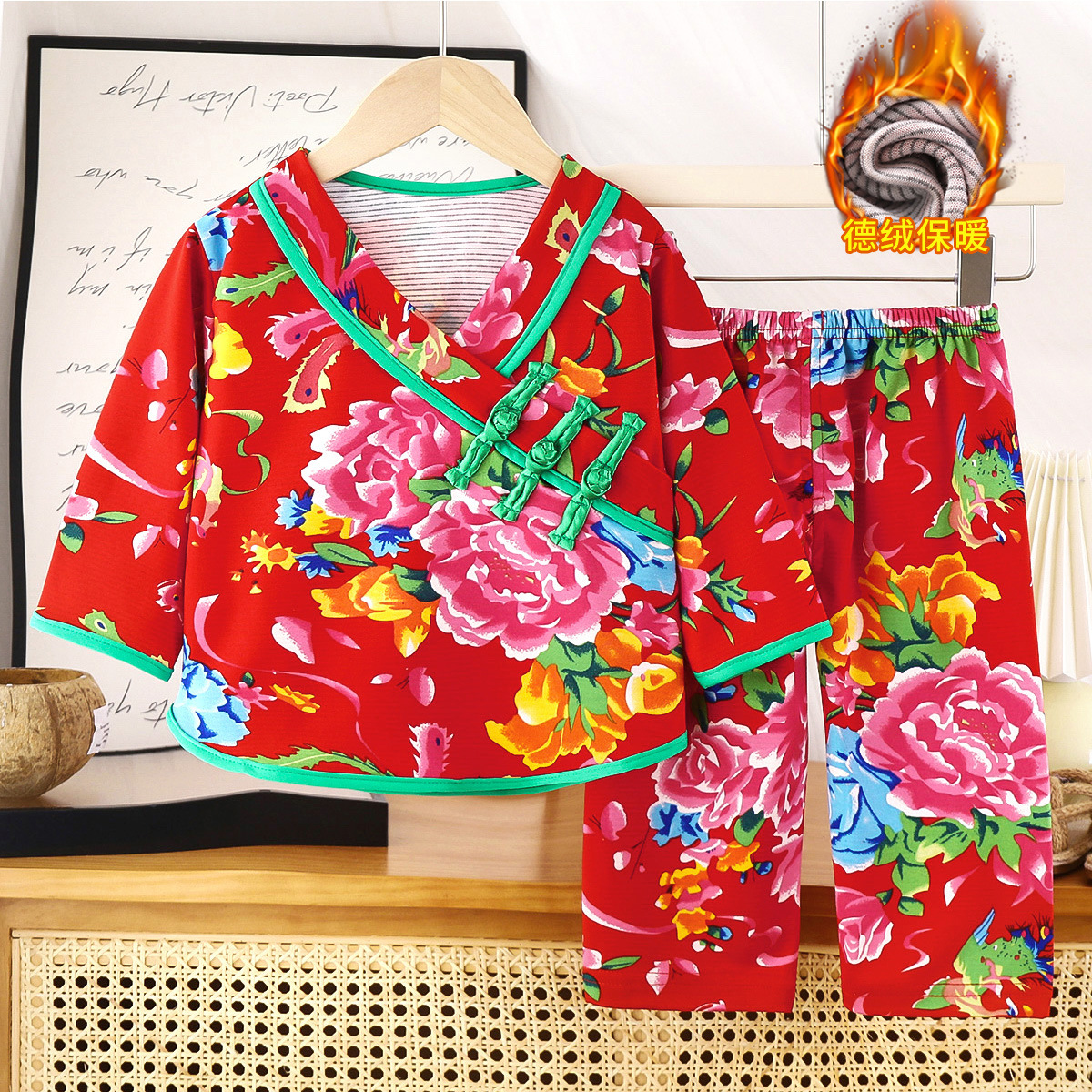 Warm set - cheongsam collar red peony