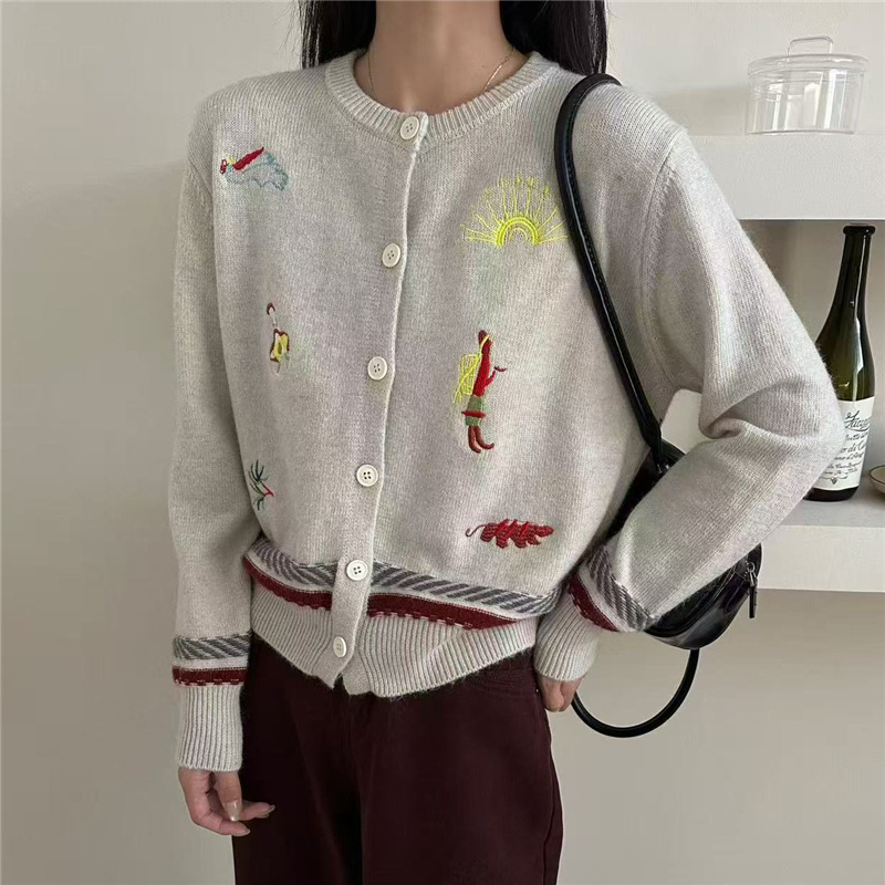 灰色卡通刺绣针织开衫毛衣外套女秋冬季小个子短款打底内搭针织衫|undefined