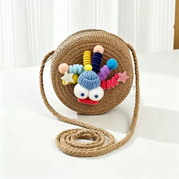 New spring and summer children's bag, big-eyed little monster round bag, baby crossbody bag, beach straw woven small shoulder bag