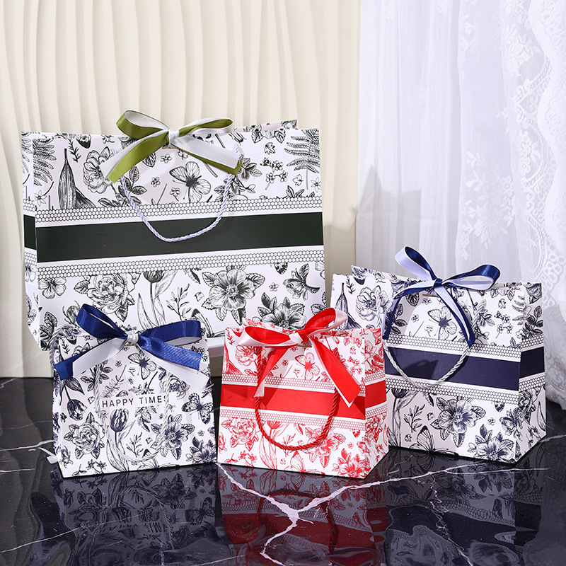 繁花礼品袋花色纸袋跨境包装袋配丝带节日送礼礼物袋服 装手提袋