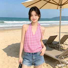 婧仪同宽格纹系带减龄挂脖深V吊带背心女夏季新款无袖上衣