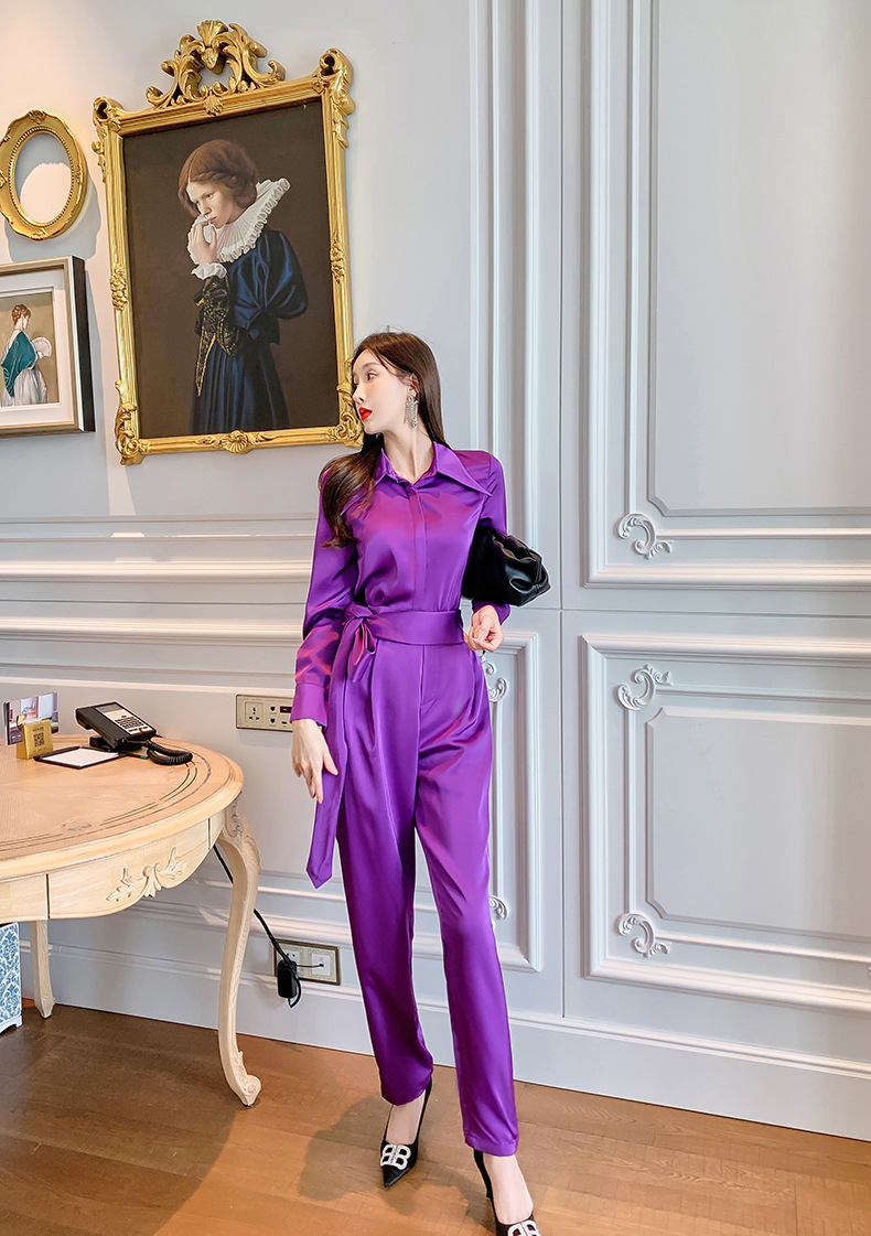 Set áo sơ mi tay dài kết hợp quần ống rộng cạp cao nữ thanh lịch — Màu tím chi tiết 14