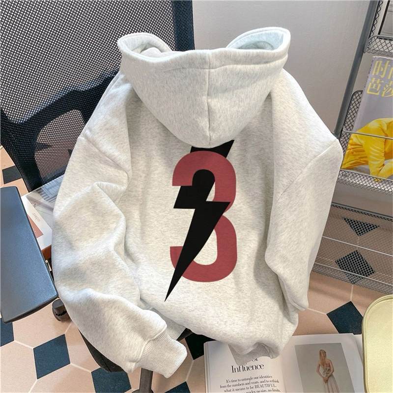 Silver Fox Velvet Korean Style Trendy Brand Digital Print Hooded Sweatshirt Unisex Autumn Winter Ins Versatile Loose_voghion.com