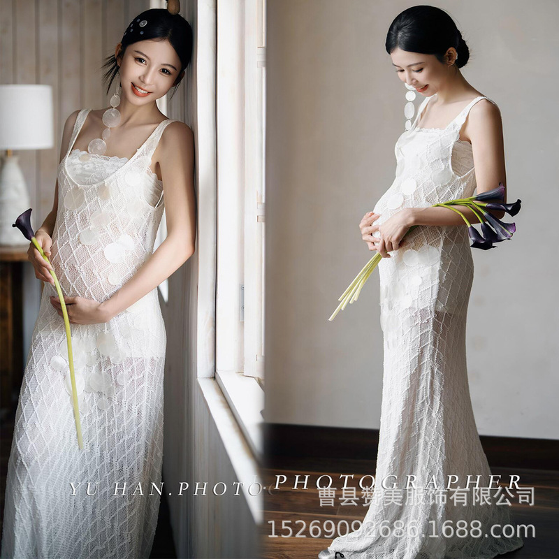 New Style Maternity Photo Shoot Clothing for Photo Studios, French-Style High-End White Slip Dress for Indoor Atmosphere Photo Shoots