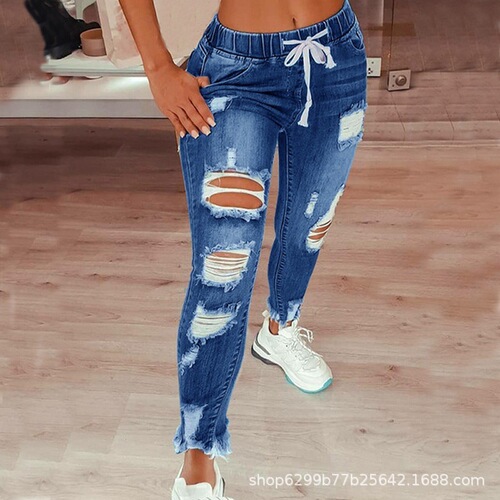 Women's High-Waisted Stretch Jeans with Frayed Hems and Lacing