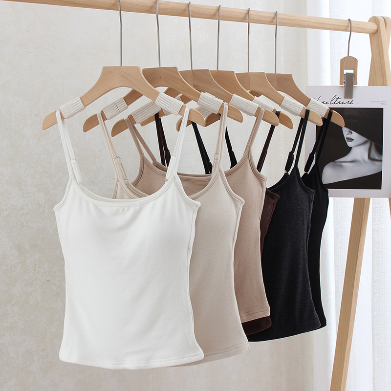 迟早同款上衣秋冬法式磨毛自带胸垫可拆卸纯色背心吊带女肩带可调