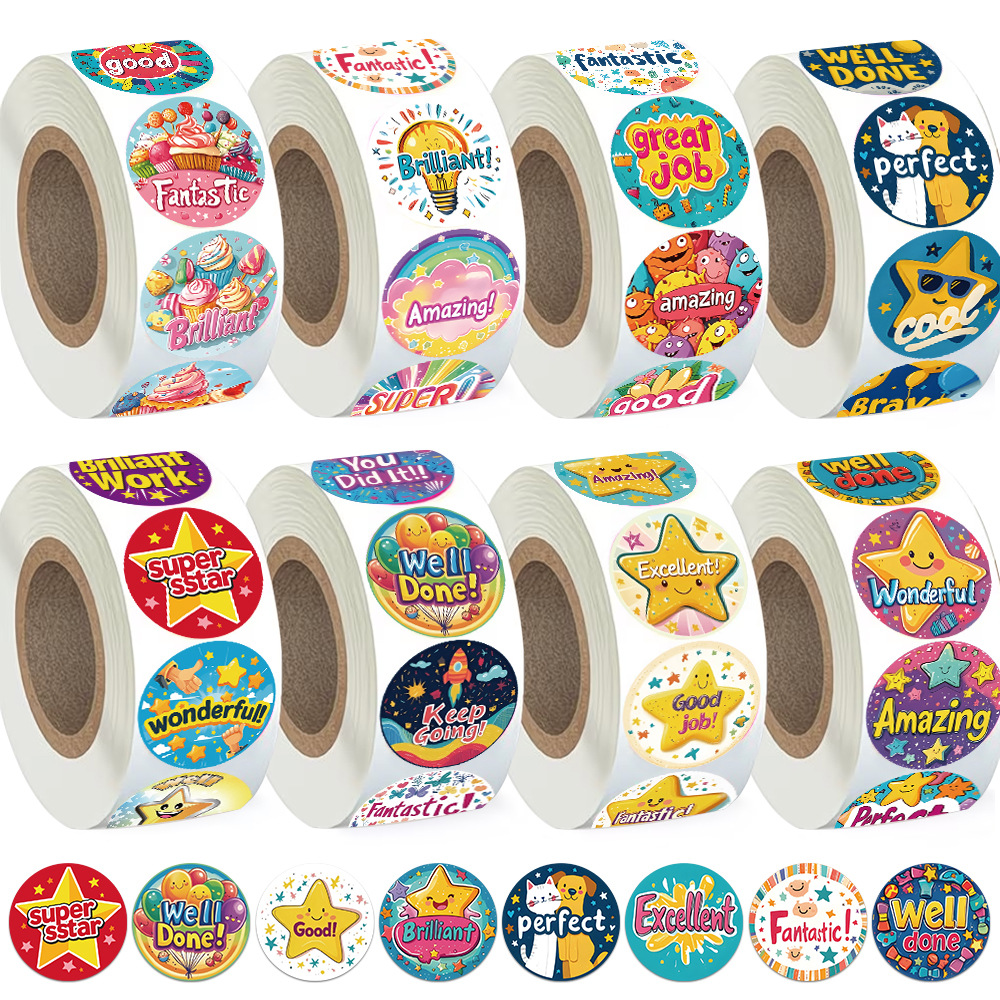 500 stickers/roll children's English reward roll stickers DIY teacher essentials desktop stationery decorative tape wholesale