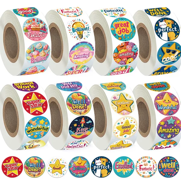 500 stickers/roll children's English reward roll stickers DIY teacher essentials desktop stationery decorative tape wholesale
