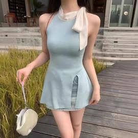 2024春装新款韩版女装高腰修身领口撞色系带开叉无袖针织裙衫
