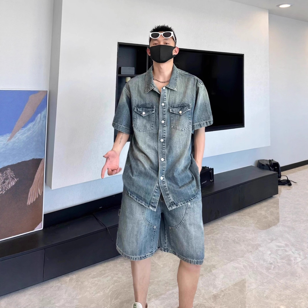 夏季美式复古工装短袖衬衫牛仔套装男生设计感牛仔外套短裤两件套