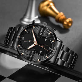 跨境时尚合金钢带商务男士手表 新款自动日历不锈钢表带钢表
