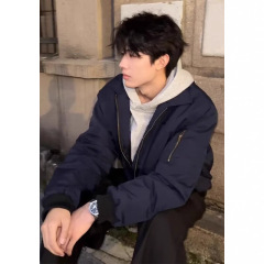 藏青色美式飞行员夹克男纯色春秋季高级感痞帅翻领外套痞帅棒球服