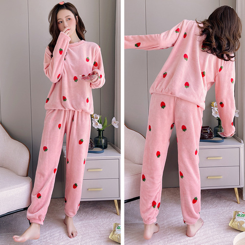 Coral velvet strawberry warm suit pajamas, women wear, autumn and winter warm home clothes, women can be girl style