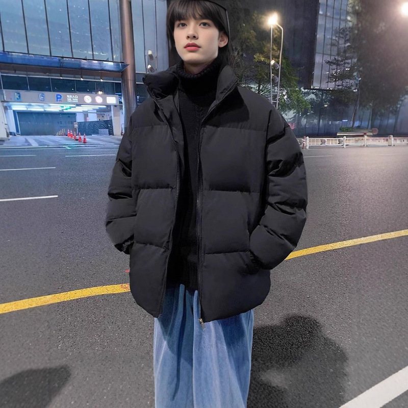 Cotton-Padded Jacket for Men and Women, Winter Thickened Cotton Coat, Trendy Loose Stand Collar, Warm Puffer Jacket, Black