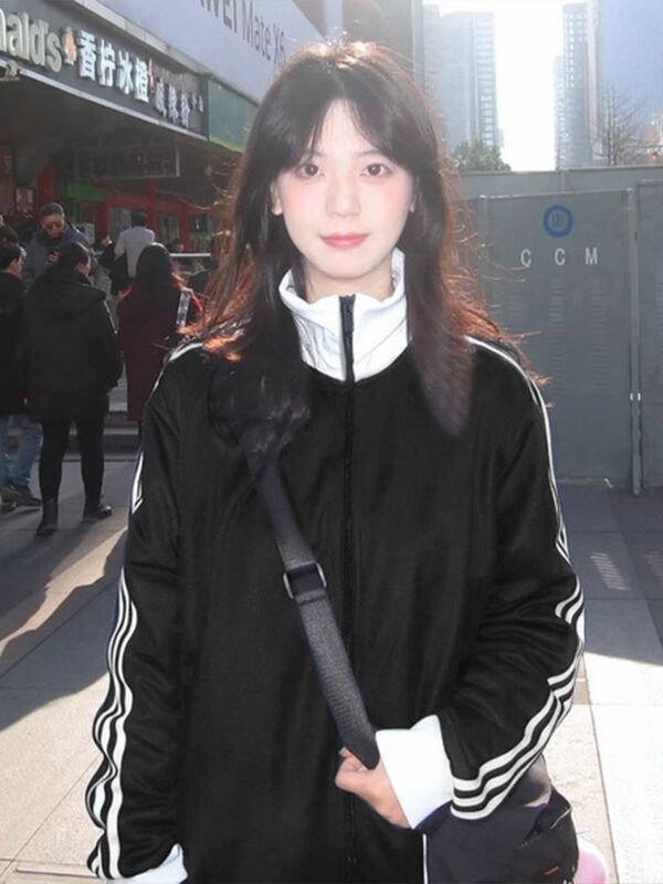 山东即墨卫衣藏青色两条杠女立领上衣复古棒球服秋夹克显瘦外套|undefined
