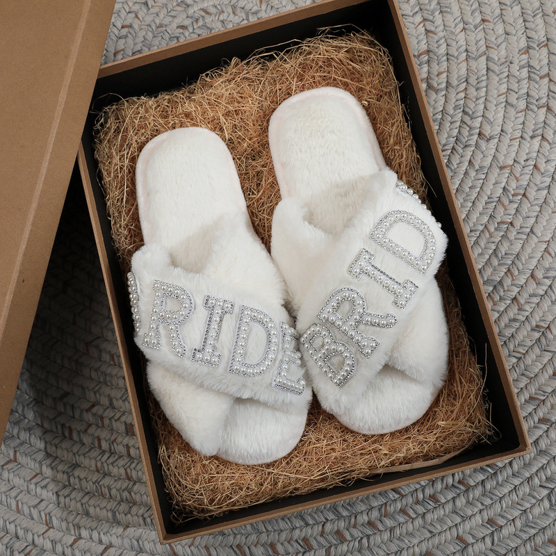 New Cross-Border Hot-Selling Bride Pearl Rhinestone Letter Cross Plush Slippers Bride Wedding Bachelorette Party Gift New Cross-Border Hot-Selling Bride Pearl Rhinestone Letter Cross Plush Slippers Bride Wedding Bachelorette Party Gift