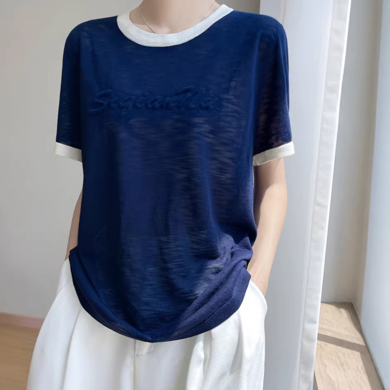 Bamboo Knit Round Neck Short-Sleeve Women's T-Shirt with Color-Blocking and 3D Lettering, Thin Style Women's Top Wholesale Dropshipping Cross-Border Bamboo Knit Round Neck Short-Sleeve Women's T-Shirt with Color-Blocking and 3D Lettering, Thin Style Women's Top Wholesale Dropshipping Cross-Border
