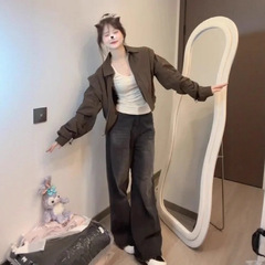 美拉德穿搭棕色短款夹克外套女秋季复古辣妹开衫百搭棒球服上衣潮