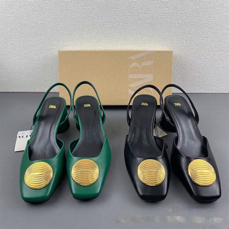 Za Women's Shoes 2025 Summer New Black and Green Decorative Sheepskin Slingback Mules with Square Toe and Chunky Heel Sandals