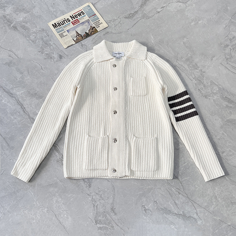 Tb Sleeves Four Stripes Thickeneded Thick Knitted Cardigan Men and Women Same Style Autumn and Winter Lapel Long-Sleeved Sweater Casual Jacket