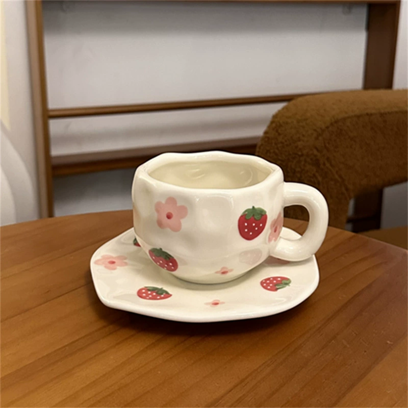 Ceramic coffee cup set INS Japanese retro, hand-painted irregular saucer, vintage style