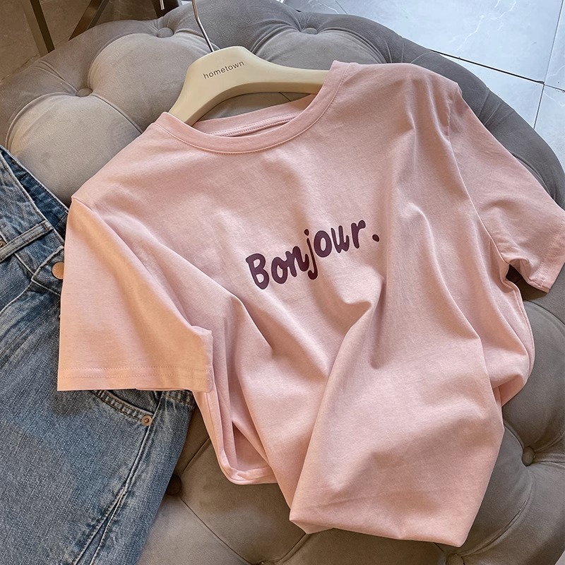 Summer retro cotton short sleeve T-shirt with a round collar