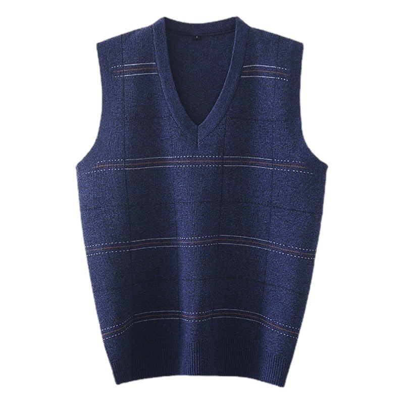 Entrega de una pieza de primavera y otoño chaleco a cuadros de los hombres con cuello en V suelto espalda chaleco sin mangas de mediana edad con cuello en V suéter jacquard